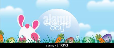 Vector Illustration of the Easter poster and the banner with rabbits and beautifully painted eggs on the grass in the background of the blue sky. Stock Vector