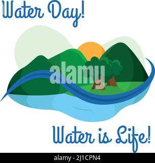 Colored natural landscape with rivers mountains and trees Happy water day Vector Stock Vector