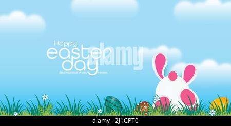 Vector Illustration of the Easter poster and the banner with rabbits and beautifully painted eggs on the grass in the background of the blue sky. Stock Vector