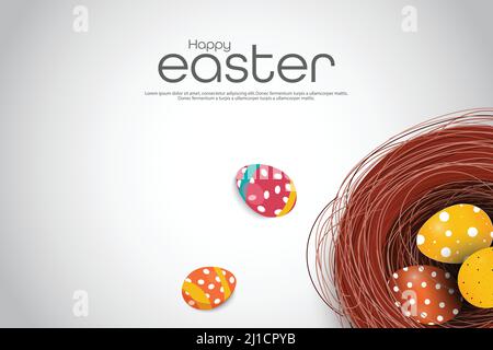 Vector Illustration of Easter poster and banner template with Easter eggs in the nest on white background. Easter Celebration Design for Promotion and Stock Vector