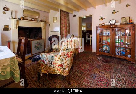 Interior of one of the Rhyd-y-car Terrace houses with mid 1950's decor at St Fagans National History Museum, Cardiff, Wales Stock Photo