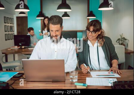 Colleagues working on laptop in office Stock Photo