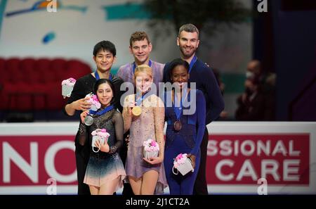 Wolrd champions Alexa Knierim and Brandon Frazier from United States of America during Pairs Free Skating, at Sud de France Arena, Montpellier, France on March 24, 2022. Stock Photo