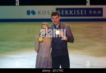 Wolrd champions Alexa Knierim and Brandon Frazier from United States of America during Pairs Free Skating, at Sud de France Arena, Montpellier, France on March 24, 2022. Stock Photo