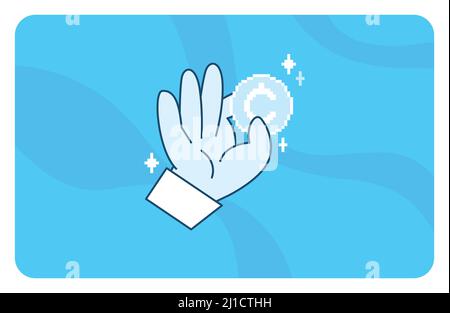Stylized illustration done in modern flat design, showing concept of pixelated cryptocurrency in hand. Cartoon hand holding crypto currency coin. Stock Vector