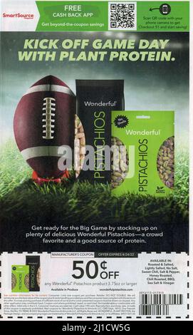 Wonderful Pistachios offer a 50¢ off coupon during football season, USA 2022 Stock Photo