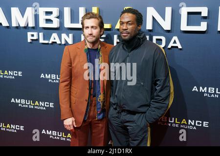 Madrid, Spain. 24th Mar, 2022. US director Michael Bay (L) and US actor Jake Gyllenhaal attend a photocall for the premiere of the film 'Ambulance' at Callao cinema in Madrid. (Photo by Atilano Garcia/SOPA Images/Sipa USA) Credit: Sipa USA/Alamy Live News Stock Photo
