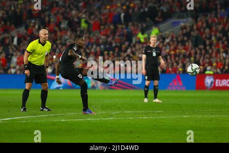 24th March 2022; Cardiff City Stadium, Cardiff, Wales, 2022 World Cup Qualification football, Wales versus Austria; David Alaba of Austria shoots at goal Stock Photo