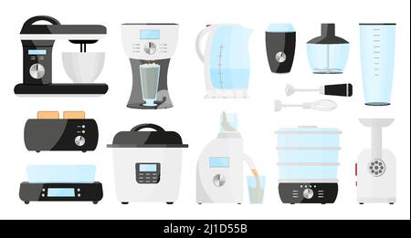 Kitchen appliance fast cooking food flat set. Automatic food processor multicooker blender mixer steamer meat grinder coffee maker kettle. Smart electric make life easy techstore promo icon isolated Stock Vector