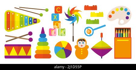 Children toy logic develop creative music game flat set. Outdoor entertainment Montessori school age child development system musical instrument colored drawing object modeling sandbox isolated white Stock Vector