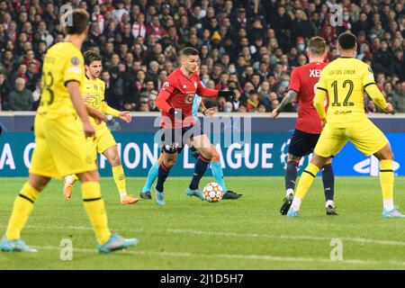 Lille, France - March 16: Hatem Ben Arfa of Lille (C) in action during the UEFA Champions League Round Of Sixteen Leg Two match between Lille OSC and Stock Photo