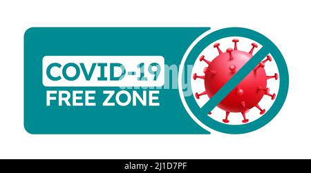 Covid free vector banner design. Covid-19 free zone text signage with virus shield logo and protection elements for disinfected public place symbol. Stock Vector
