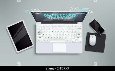 Online education vector concept design. Online course text with laptop, phone and tablet electronic learning device for educational web study. Stock Vector