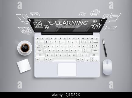 E-learning vector concept design. Elearning text with laptop learning device and educational icon for home school education study. Vector illustration. Stock Vector