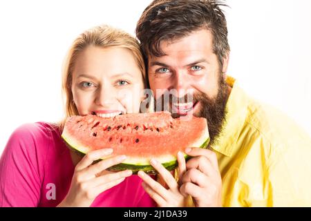 Romantic couple lovers eating watermelon, close up face, close up, isolated on white background. Stock Photo