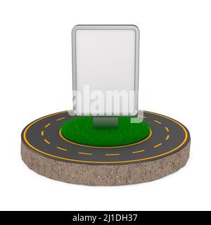 road and round soil ground with green grass on white background. Isolated 3D illustration Stock Photo