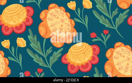 Seamless pattern with naive flowers and stems with folk arts on blue background. Vector texture with sunflowers and poppies with naive ornaments. Stock Vector