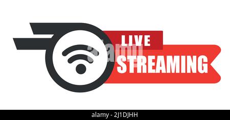 Live stream flat logo - red vector design element with play button. Vector Stock Vector