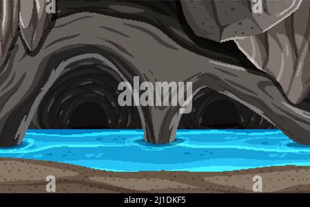Sea cave at night background in cartoon style illustration Stock Vector