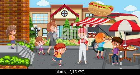 Flea market scene in cartoon style illustration Stock Vector