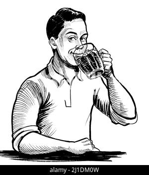 Happy man drinking beer. Ink black and white drawing Stock Photo - Alamy