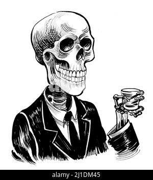 Human skeleton with a glass of whiskey. Ink black and white drawing Stock Photo