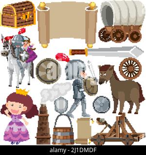 Medieval characters buildings set illustration Stock Vector