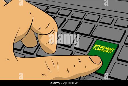 Retirement Community word on computer keyboard. Man push keypad on laptop. Comic book style concept. Stock Vector