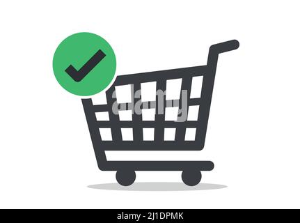 Shopping cart with check mark, black isolated icon. Shopping cart.  Stock Vector