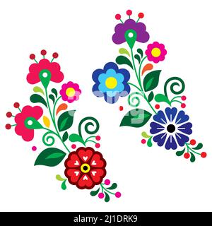 Mexican folk art style vector floral pattern set of two, designs collection inspired by traditional embroidery from Mexico Stock Vector