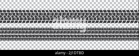 Set of seamless car tire tracks isolated on transparent background, seamless vector Stock Vector