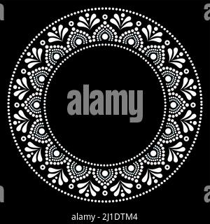 Aboriginal dot art mandala vector frame or border design, white traditional decorative pattern on black background Stock Vector