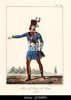Student (officer) at the Revolutionary military school called the Ecole de Mars, encamped at the Portes de Paris and Bois de Boulogne, 1793. Designed by Jacques-Louis David, the uniform comprised a shako with tricolor plume, blue Polish tunic, tight trousers, canvas gaiters, short Roman sword. Eleve du campe de Mars. 1793 . Handcoloured lithograph by Lorenzo Bianchi and Domenico Cuciniello after Hippolyte Lecomte from Costumi civili e militari della monarchia francese dal 1200 al 1820, Naples, 1825. Italian edition of Lecomte’s Civilian and military costumes of the French monarchy from 1200 to Stock Photo