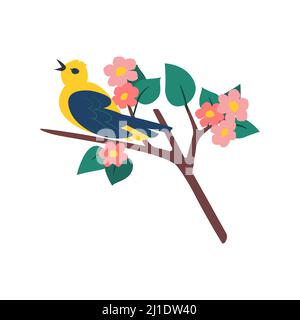 Colored bird on a flowering tree branch. Vector illustration Stock Vector