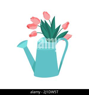 Pink tulips in a watering can. Bouquet of spring flowers. Vector illustration Stock Vector