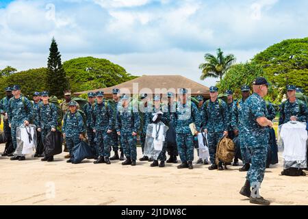 Honolulu, Hawaii, United States - August 2016: U.S. Navy American soldiers of USS Missouri CPO Legacy Academy in Battleship Missouri Memorial. Chief Stock Photo