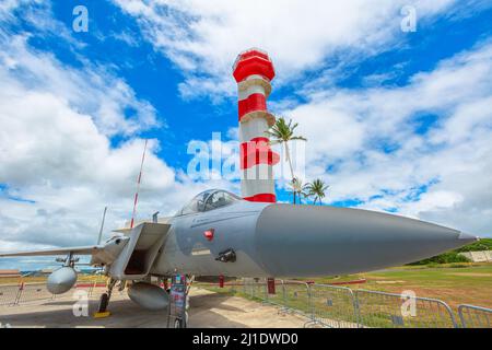 Honolulu, Oahu, Hawaii, United States - August 2016: McDonnell Douglas F-15A Eagle Fighter of 1969 in Raytheon Pavilion of the Pearl Harbor Aviation Stock Photo