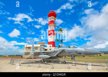 Honolulu, Oahu, Hawaii, United States - August 2016: McDonnell Douglas F-15A Eagle Fighter of 1969 in Raytheon Pavilion of the Pearl Harbor Aviation Stock Photo
