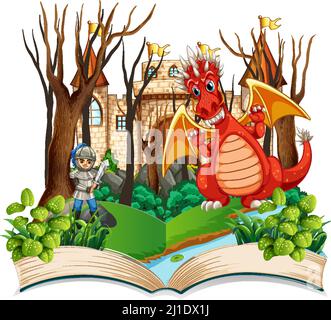Book with scene of knight and dragon fighting illustration Stock Vector ...