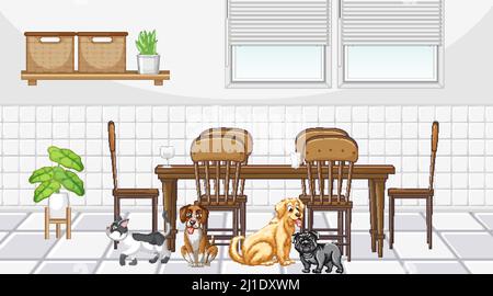 Set of different domestic animals in kitchen illustration Stock Vector