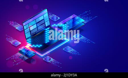 Web design isometric concept. Website development of all platforms. Optimization layout website on laptop, phone, tablet. Creation layout responsive Stock Vector