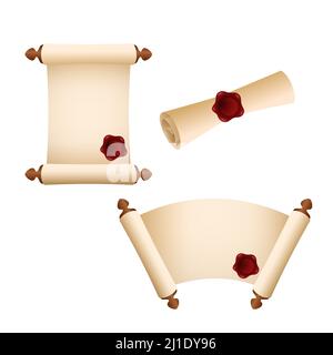 Old parchment paper scrolls. Set of royal scroll with sealing waxes. Can be used for topics like message, news, letter Stock Vector