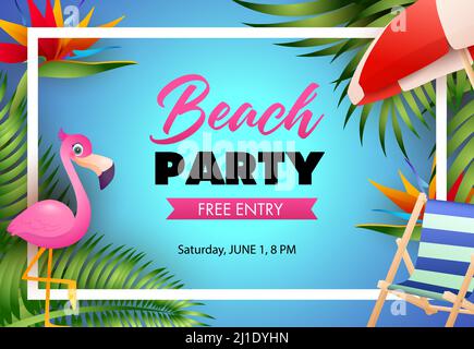 Beach party poster design. Pink flamingo, beach chair, umbrella, palm leaves and text in frame on blue background. Vector illustration can be used for Stock Vector