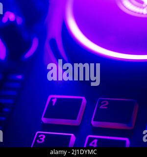 Deejay mixing desk turntables party nightclub disco lights square album cover design. Stock Photo