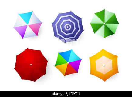 Beach umbrellas set. Top view, bright colorful umbrellas. Seaside concept Realistic vector illustration can be used for vacation, sun, sunshade, safet Stock Vector