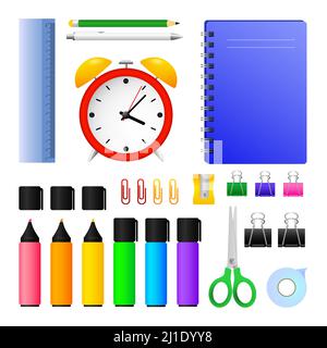 Office supplies and alarm clock. Set of multi-colored markers, paper clips, diary, ruler, pen, pencil and duct tape. Can be used for topics like workp Stock Vector