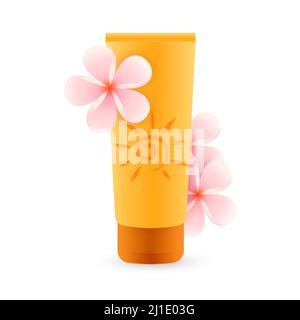 Sunscreen product with pink flowers. Yellow spf lotion for tender skin. Can be used for topics like cosmetics, body care, sunbathing Stock Vector