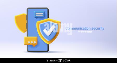3d render illustration of a smartphone with shield and messages, a concept of security and privacy, safe chat, protection Stock Vector