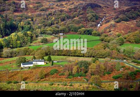 Stunning views of Autumn colour seen from the viewing platform above the Sygun Copper Minein the Nantgwynant Valley Beddgelert Snowdonia National Park Stock Photo