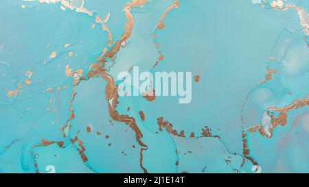 Close-up of blue and golden alcohol ink abstract texture, trendy wallpaper. Art for design project as background for invitation, poster, presentation Stock Photo